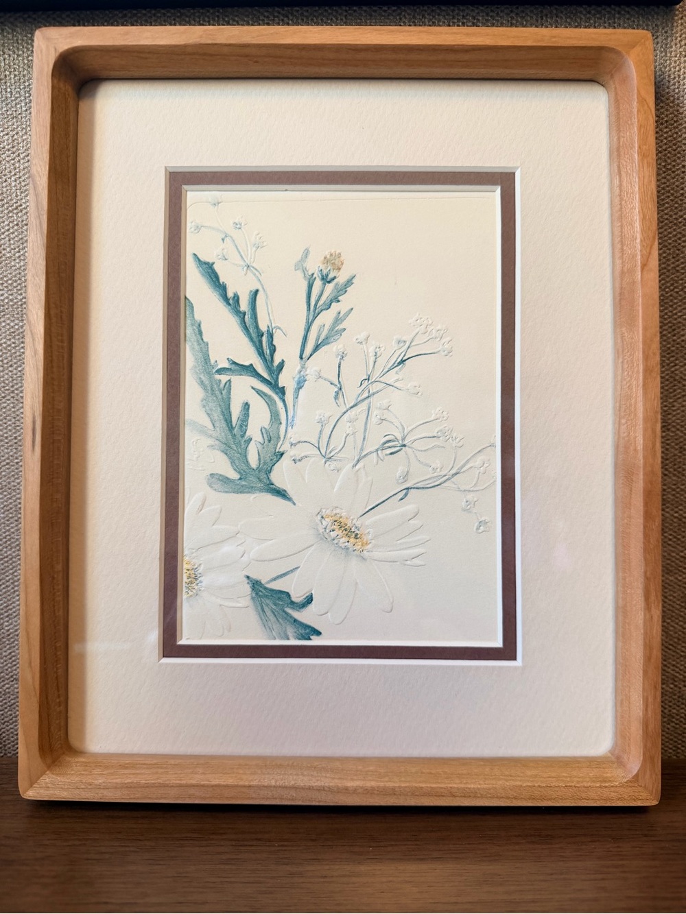 Framed White Embossed Daisy Botanical Art Print with Teal Accents
